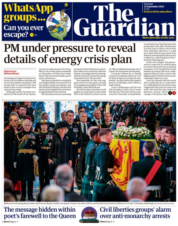 Guardian front page 13 September 2022