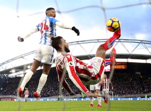Stoke City’s Eric Maxim Choupo-Moting was denied by an outstanding save from Huddersfield Town keeper Jonas Lossl,