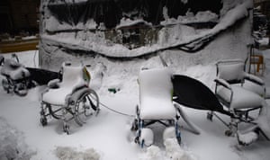 Snow-covered wheelchairs in Sofia, Bulgaria