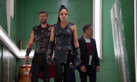Tessa Thompson, centre, as Valkyrie in Thor: Ragnarok, with Chris Hemsworth and Mark Ruffalo.