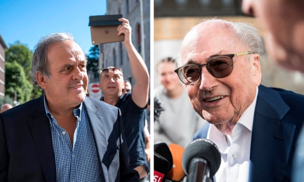 The former Uefa president Michel Platini and former president of Fifa, Sepp Blatter outside court in Bellinzona on Friday