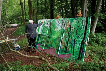 David Hockney painting in Woldgate woods, East Yorkshire, 2006.