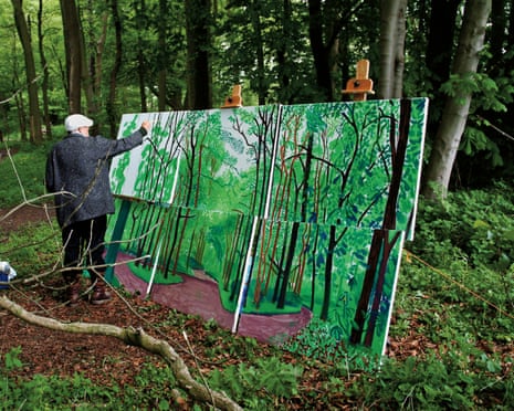 David Hockney paints a large canvas of woodland on an easel in East Yorkshire