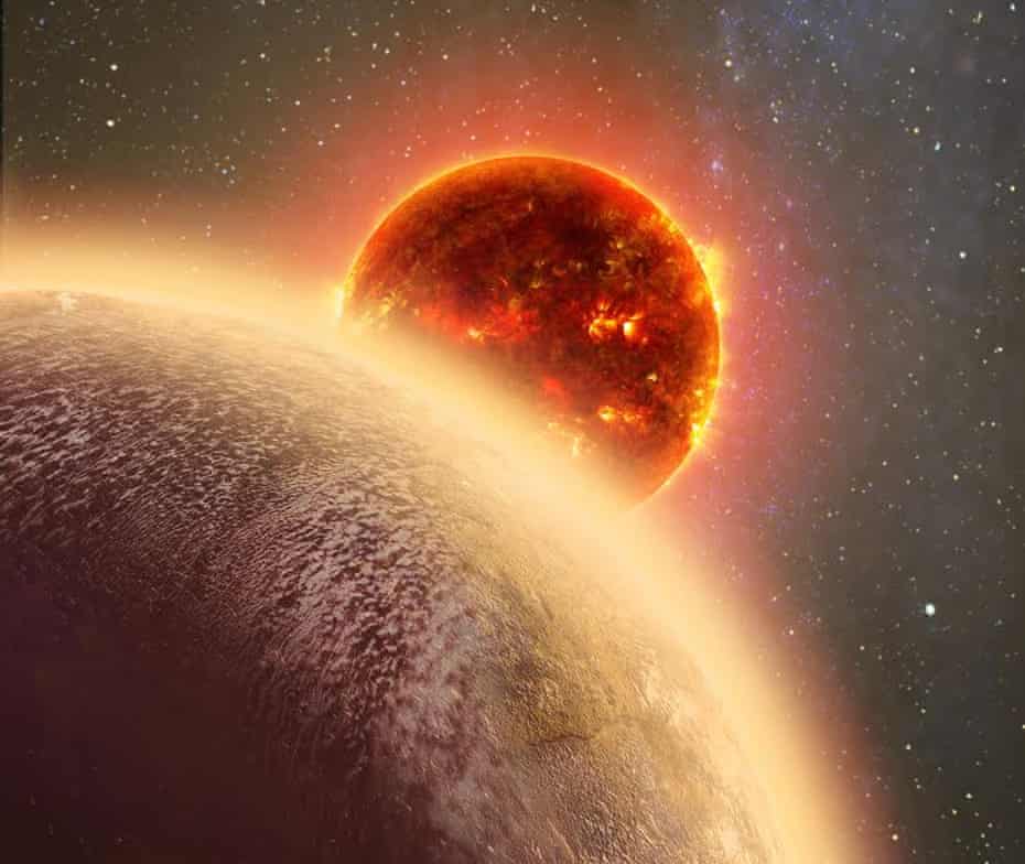 In this artist’s conception GJ 1132b, a rocky planet very similar to Earth in size and mass, circles a red dwarf star. 