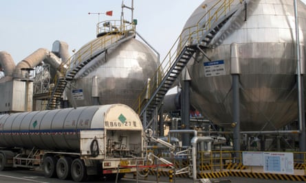 Carbon dioxide storage tanks at a cement plant and carbon capture facility in Wuhu, Anhui province, China.
