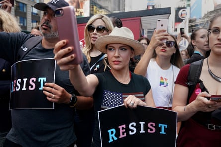 Alyssa Milano attending a protest in Times Square earlier this year.