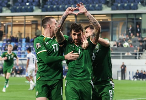 Troy Parrott of Republic of Ireland celebrates with teammate Jack Moylan.