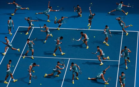 Carlos Alcaraz of Spain is shown covering every inch of the court during a match at the Australian Open.