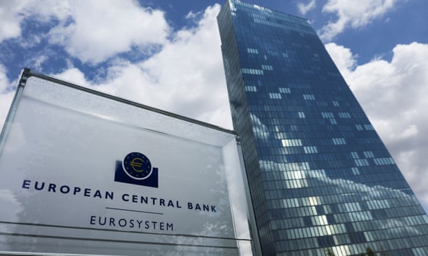 Signage is seen outside the European Central Bank building in Frankfurt, Germany.