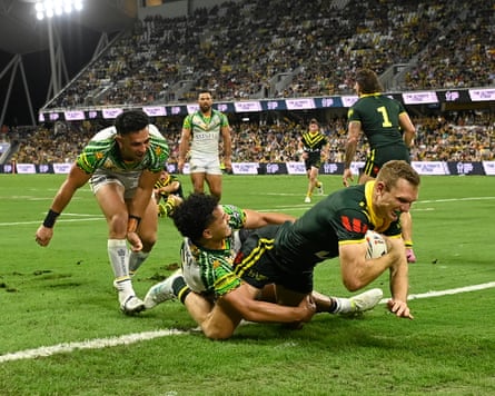 Tom Trbojevic scores a try as the Kangaroos defeat Cook Islands in Townsville