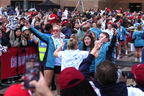 The England players among their joyous fans at Battersea power station.