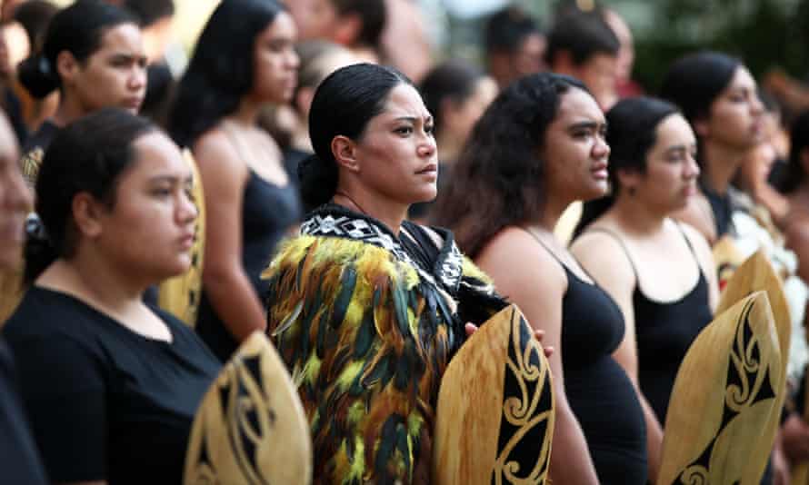 The kapa haka group prepare for the arrival of a delegation including Prime Minister Jacinda Ardern at the upper Treaty grounds Te Whare Runanga on February 04, 2020 in Waitangi, New Zealand.