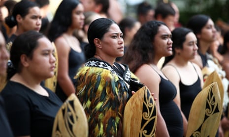 The kapa haka group prepare for the arrival of a delegation including Prime Minister Jacinda Ardern at the upper Treaty grounds Te Whare Runanga on February 04, 2020 in Waitangi, New Zealand.