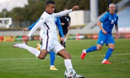 Mason Greenwood takes a shot against Iceland on his senior debut for England in September last year.