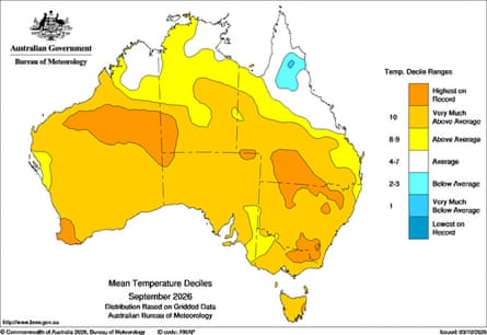 A map showing temperatures across Australia for September 2026.