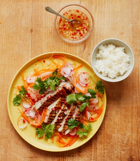 Thomasina Miers’ Vietnamese grilled lemongrass pork chops with nuoc cham and shredded carrots.