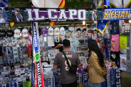 A scarf in tribute to Carlo Ancelotti outside the Santiago Bernabéu
