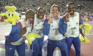 Derek Redmond, John Regis, Roger Black and Kriss Akabusi after being awarded their gold medals.