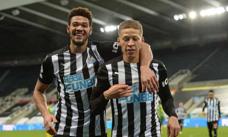 Dwight Gayle with Joelinton after scoring for Newcastle against West Brom last December