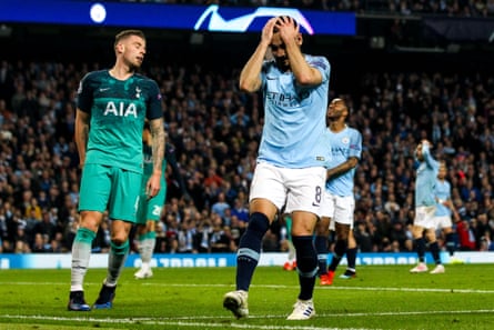 Ilkay Gündogan reacts to a missed chance in City’s wild Champions League defeat to Tottenham.