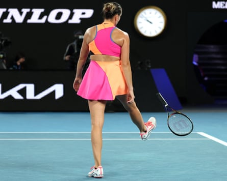 A frustrated Aryna Sabalenka kicks her racket, the world No 1 after losing the final 4-6, 6-4, 4-6