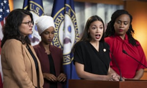 From left: Alexandria Ocasio-Cortez, Ayanna Pressley, Rashida Tlaib and Ilhan Omar condemn Donald Trump’s outburst