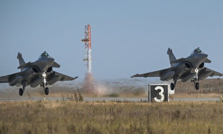 Two Dassault Rafale fighter jets take off from Fetesti air base, as part of the Eagle mission which aims to protect Nato territory since the start of the war in Ukraine, against any possible Russian attack.