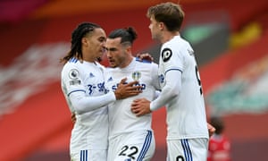 Leeds United’s Jack Harrison (centre) is congratulated by Helder Costa (left) and Patrick Bamford after scoring their equaliser.