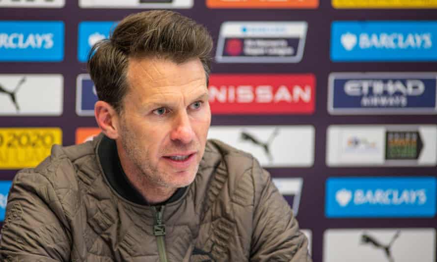 The Manchester City manager, Gareth Taylor, at a post-match interview after the Women's Super League game against Birmingham City.