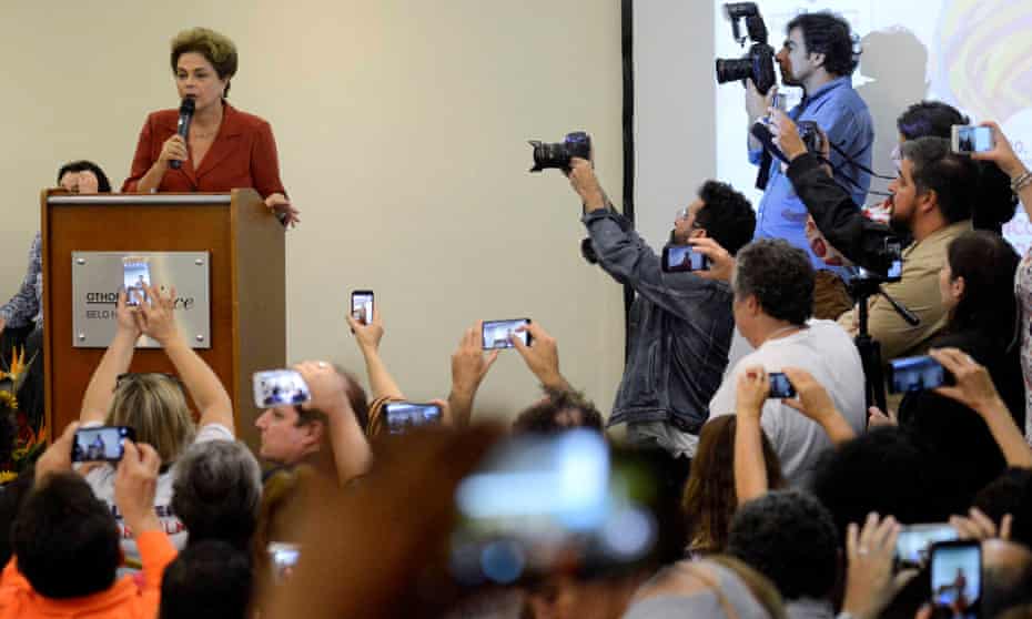 Suspended Brazilian President Dilma Rousseff faces the media.