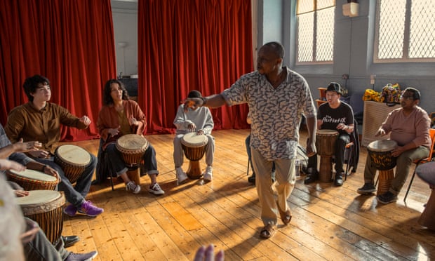 A circle of drummers: Leo Long, Eleanor Matsuura, Kurt Egyiawan and Saul Zur-Szpiro (in Autistix T-shirt) in I Used To Be Famous.
