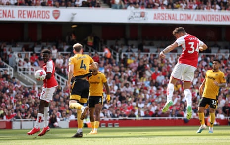 Granit Xhaka heads Arsenal in front against Wolves