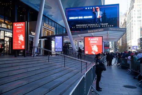 adverts for kalshi outside an event venue with a picture of donald trump
