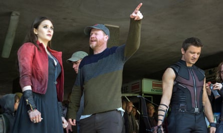 Elizabeth Olsen, Joss Whedon and Jeremy Renner filming Avengers: Age of Ultron at Pinewood Studios.