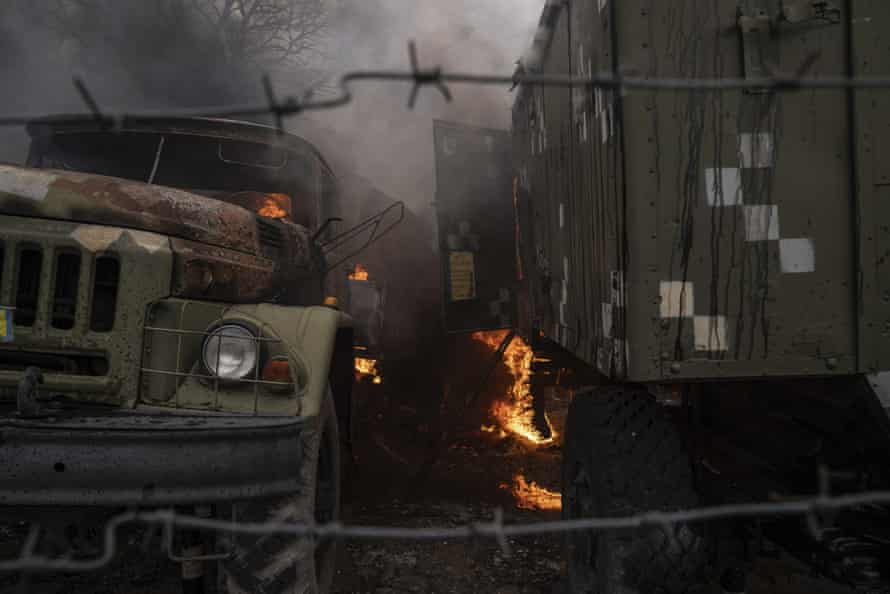 A Ukrainian military facility damaged by Russian shelling outside Mariupol.