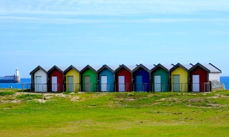 Colourful beach huts at Blyth, Northumberland, UK.