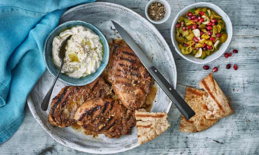 Lebanese-spiced Barnsley chop with tahini dressing and pickled chilli salsa.