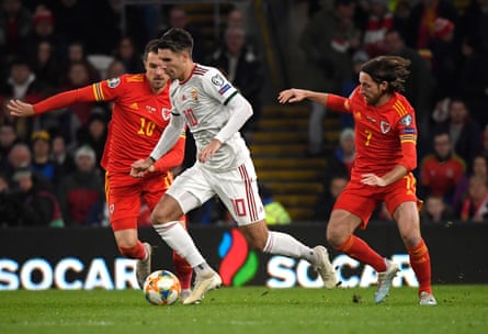 Hungary’s Dominik Szoboszlai evades the challenge of Wales’ Aaron Ramsey and Joe Allen during their Euro 2020 qualifier in November 2019