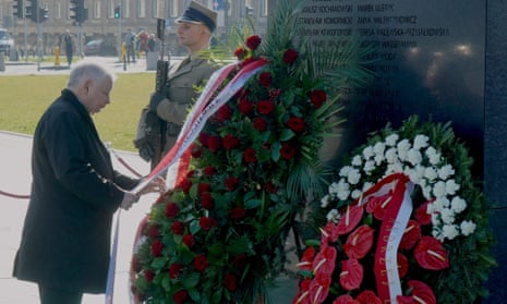 Leader of the ruling party Jaroslaw Kaczynski lays a wreath at the monument to the crash victims