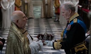 King Charles III receives his crown from the archbishop. The monarch is played by Tim Pigott-Smith, who died last month.