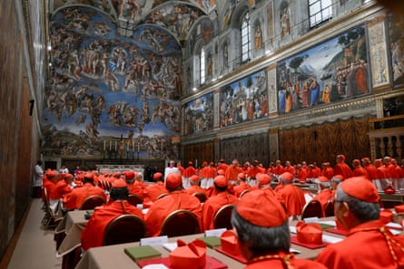 Cardinals gathering before the start of the conclave in the Sistine Chapel.