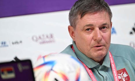 Serbia's coach Dragan Stojkovic attends a press conference at the Qatar National Convention Center in Doha.