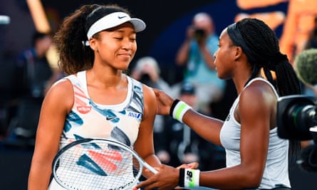 Coco Gauff greets a dejected Naomi Osaka at the end of their women’s singles match on day five of the Australian Open.
