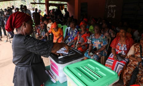 A voter casts her ballot in Agulu, Anambra state, during Nigeria's election on Saturday.