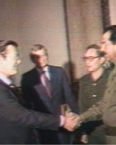 Donald Rumsfeld meeting Saddam Hussein in Baghdad as an envoy from President Ronald Reagan in 1983.