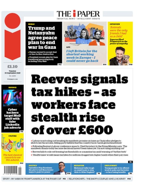 The front page of the i paper, with a headline reading ‘Reeves signals tax hikes - as workers face stealth rise of over £600’