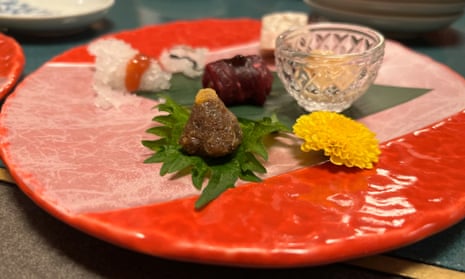 A whale meat dish served at a recent tasting event for social media influencers at a restaurant in the Japanese city of Osaka.