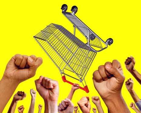 Illustration of raised fists, one of them holding up a shopping cart