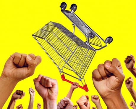 Illustration of raised fists, one of them holding up a shopping cart