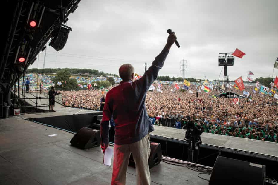 Jeremy Corbyn addresses the crowd on the Pyramid Stage. Glastonbury Festival. Photograph by David Levene 24/6/17